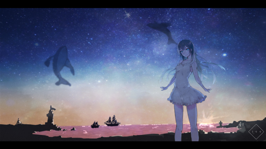 1girl aqua_eyes bangs bare_arms bare_legs bare_shoulders beach black_hair commentary cropped_legs dress dusk eyebrows_visible_through_hair floating_hair frilled_dress frills highres hyakunin_momoko long_hair looking_at_viewer ocean original ship signature sky smile standing star_(sky) starry_sky tareme watercraft whale white_dress