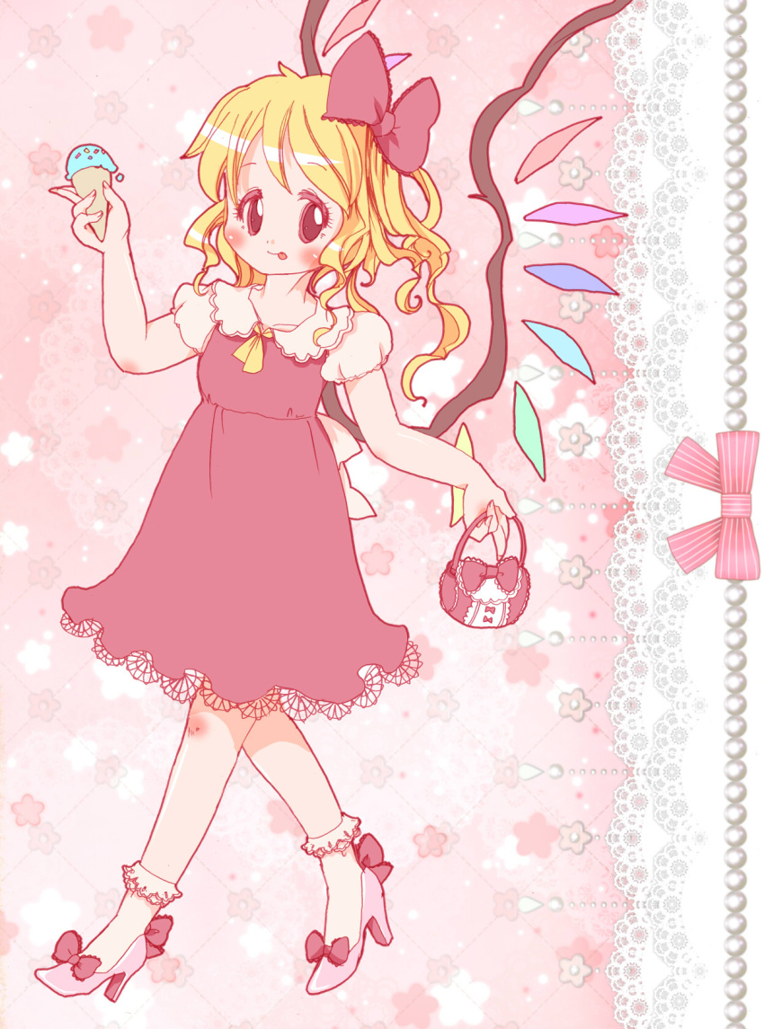 1girl :p ascot bag bangs blonde_hair blush bobby_socks bow commentary_request crystal dress flandre_scarlet floral_background full_body hair_bow handbag high_heels highres holding_bag ice_cream_cone index_finger_raised lace lace-trimmed_dress medium_hair one_side_up pink_background pink_footwear red_bow red_dress red_eyes short_sleeves socks solo tongue tongue_out touhou white_legwear wings yellow_neckwear zatsuni