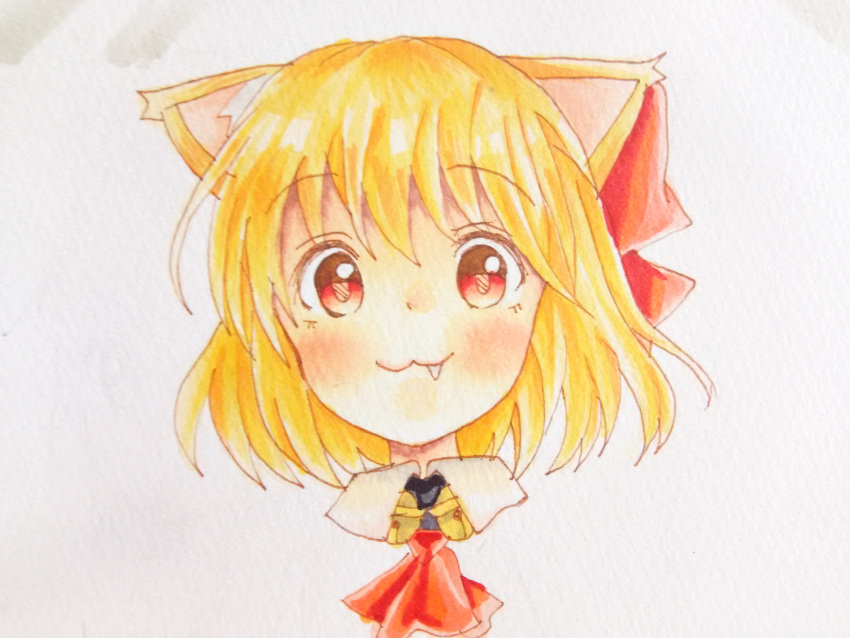 1girl :3 absurdres animal_ears ascot bell blonde_hair blush cat_ears collar commentary_request fang hair_ribbon highres jingle_bell kemonomimi_mode looking_at_viewer moto_mania portrait red_eyes red_neckwear red_ribbon ribbon rumia short_hair simple_background solo tareme texture touhou traditional_media wing_collar