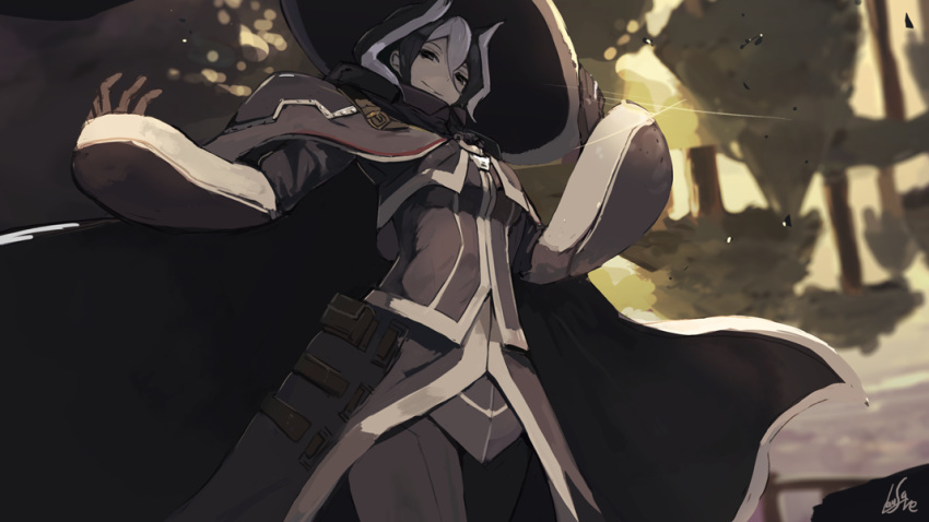 1girl arm_guards black_cape black_eyes black_hair breasts cape collared_shirt cowboy_shot from_below hair_between_eyes hand_on_headwear hat lansane long_sleeves looking_at_viewer looking_down made_in_abyss medium_breasts multicolored_hair ozen pouch shirt short_hair signature smile solo standing two-tone_hair white_hair