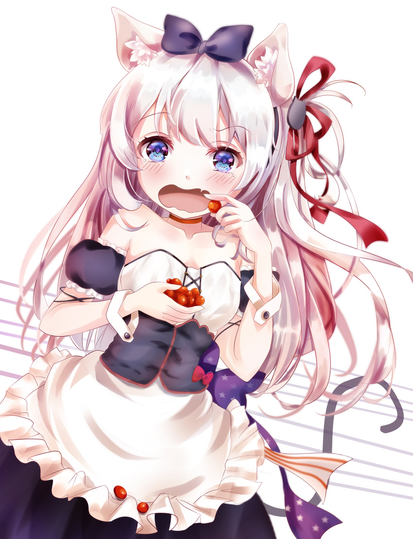 1girl american_flag american_flag_print animal_ears apron azur_lane black_bow black_dress blue_bow blue_eyes bow cat_ears cat_hair_ornament collarbone commentary_request detached_sleeves dress dutch_angle fang flag_print flower food frilled_apron frills hair_bow hair_ornament hair_ribbon hammann_(azur_lane) highres holding holding_food mutang one_side_up open_mouth print_bow puffy_short_sleeves puffy_sleeves red_bow red_flower red_rose remodel_(azur_lane) ribbon rose short_sleeves solo star star_print strapless strapless_dress waist_apron white_apron white_background wrist_cuffs
