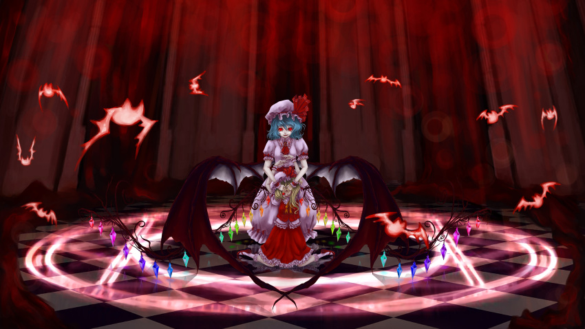 2girls absurdres bat bat_wings blonde_hair blue_hair evil_grin evil_smile flandre_scarlet fog forest grin hair_between_eyes highres looking_at_viewer looking_up magic_circle multiple_girls nature open_mouth outdoors pachicrazy red_eyes remilia_scarlet ritual sharp_teeth short_hair smile teeth the_embodiment_of_scarlet_devil touhou wings