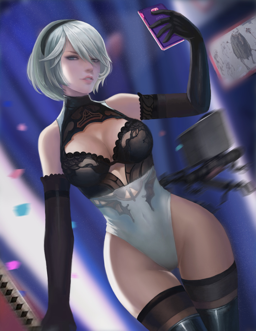 1girl absurdres black_dress black_hairband blue_eyes boots breasts cellphone cleavage cleavage_cutout detached_sleeves dress elbow_sleeve hairband highres holding holding_phone holding_sword holding_weapon katana leotard mole mole_under_mouth nier_(series) nier_automata no_blindfold phone pod_(nier_automata) seien_kai_nemu_boss self_shot silver_hair sword thigh-highs thigh_boots thighhighs_under_boots weapon white_leotard yorha_no._2_type_b