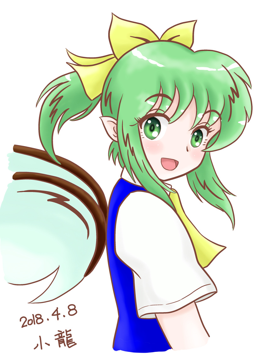 1girl :d artist_name ascot blue_vest daiyousei dated eyebrows_visible_through_hair fairy_wings faux_traditional_media from_side green_eyes green_hair hair_ribbon highres looking_at_viewer open_mouth pointy_ears ribbon short_hair short_sleeves side_ponytail sidelocks simple_background smile solo touhou upper_body vest white_background wings xiaolong_(touhoufuhai) yellow_neckwear