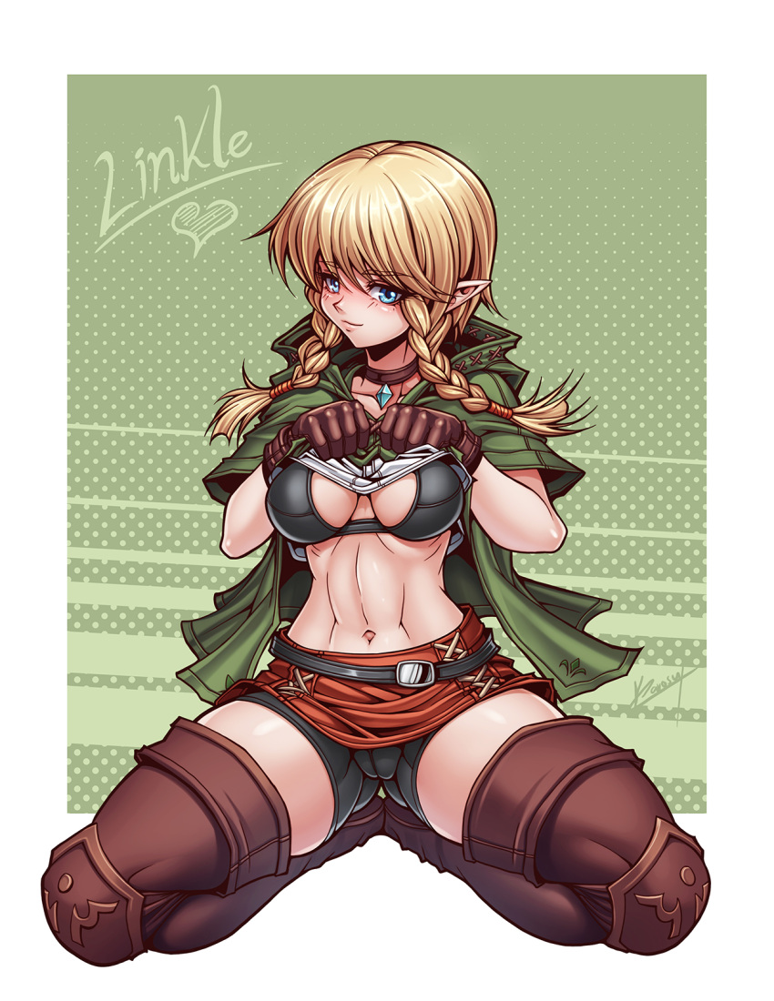1girl black_bra blonde_hair blue_eyes boots bra braid breasts brown_gloves cleavage eyebrows eyebrows_visible_through_hair gloves highres karosu_maker large_breasts linkle long_hair looking_at_viewer pointy_ears shirt_lift shorts smile solo spread_legs squatting the_legend_of_zelda thigh-highs thigh_boots toned twin_braids underwear zelda_musou