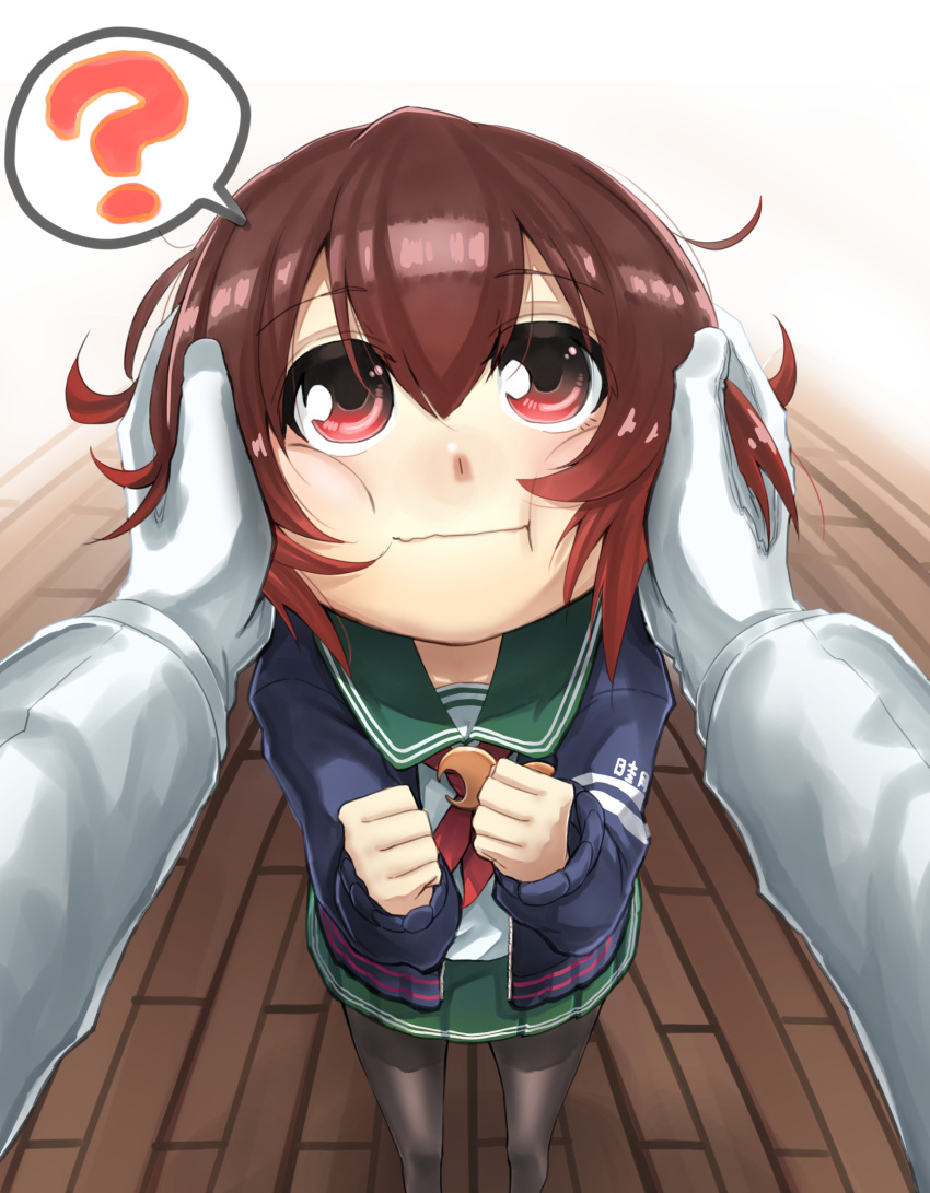 1boy 1girl ? admiral_(kantai_collection) blue_jacket brown_hair crescent crescent_moon_pin gloves gradient_hair green_skirt hands_on_another's_cheeks hands_on_another's_face hands_on_own_cheeks hands_on_own_face highres jacket kantai_collection long_sleeves military military_uniform multicolored_hair mutsuki_(kantai_collection) naval_uniform neckerchief pantyhose remodel_(kantai_collection) school_uniform short_hair skirt uniform v_r_dragon01 wavy_mouth white_gloves