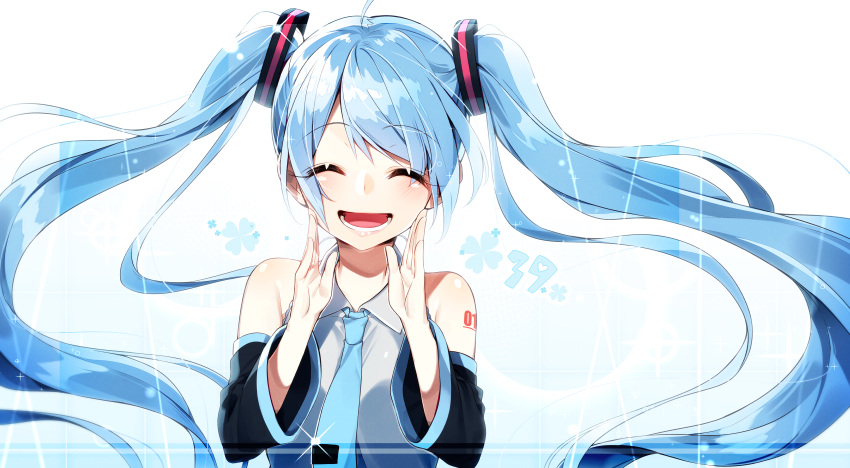 1girl 39 ^_^ ahoge aqua_neckwear blue_hair closed_eyes clover collared_shirt cupping_hands detached_sleeves eyes_visible_through_hair hair_ornament hand_to_own_mouth hatsune_miku highres long_hair necktie open_mouth sakuragi_ren shirt shoulder_tattoo smile solo tattoo twintails upper_body very_long_hair vocaloid