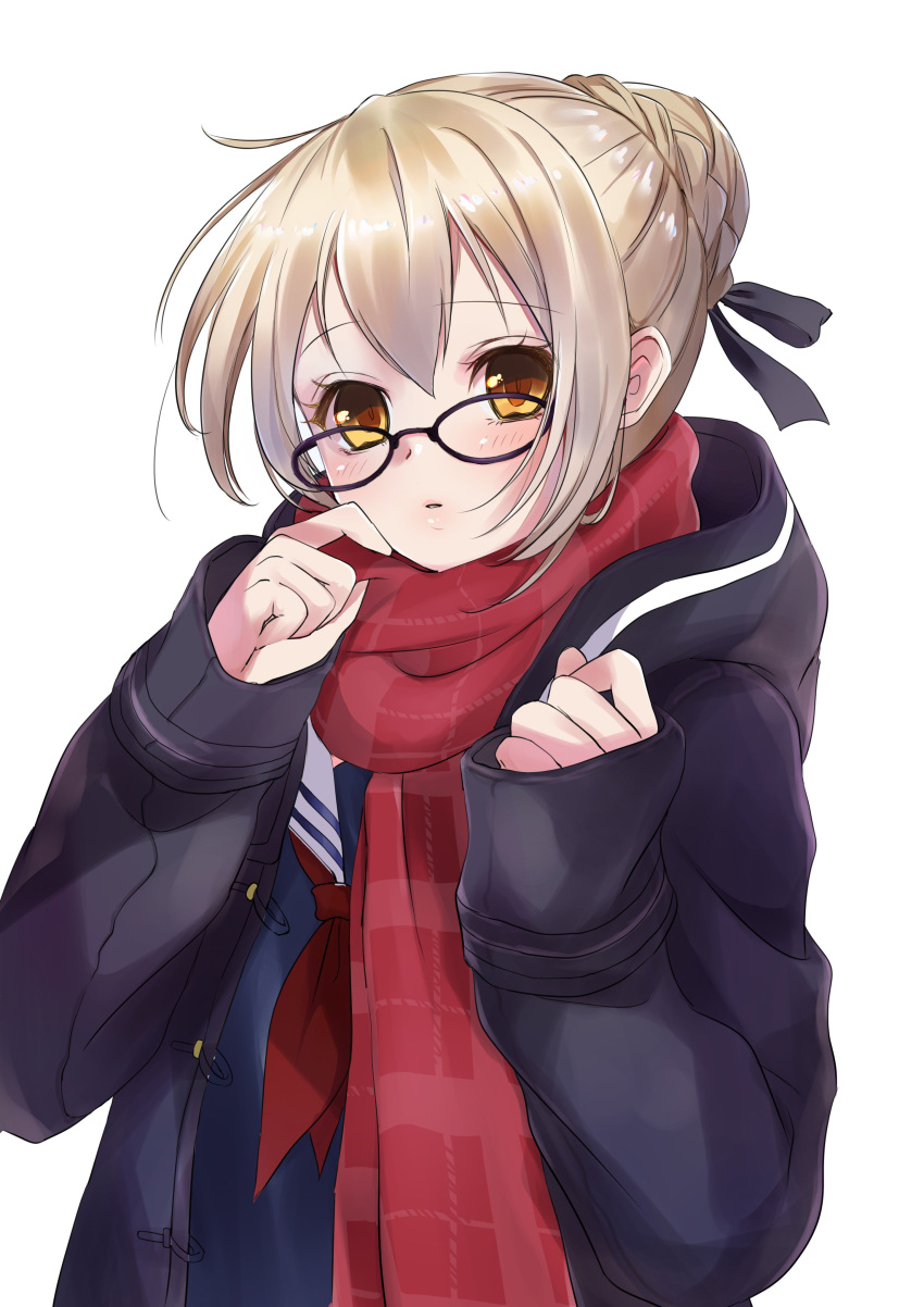 1girl absurdres artoria_pendragon_(all) blonde_hair blush braid commentary_request fate/grand_order fate_(series) glasses grey_ribbon hair_bun hair_ribbon hands_up highres long_sleeves looking_at_viewer mysterious_heroine_x_(alter) neckerchief orange_eyes parted_lips purple-framed_eyewear purple_coat red_neckwear red_scarf ribbon sailor_collar scarf school_uniform serafuku simple_background solo upper_body vanilla_(miotanntann) white_background white_sailor_collar