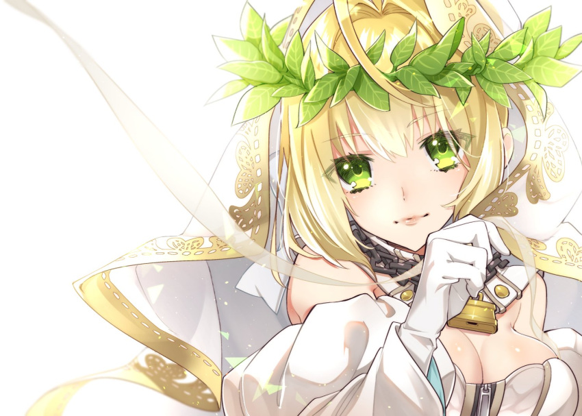 1girl ahoge blonde_hair breasts chains cleavage close-up closed_mouth cosplay dress eyebrows_visible_through_hair facing_viewer fate/extra fate/extra_ccc fate_(series) gloves green_eyes hair_intakes hand_up jewelry large_breasts laurel_crown light_smile lips lock long_sleeves looking_at_viewer necklace nero_claudius_(bride)_(fate) nero_claudius_(bride)_(fate)_(cosplay) nero_claudius_(fate)_(all) pink_lips simple_background solo veil westxost_(68monkey) white_background white_dress white_gloves wide_sleeves