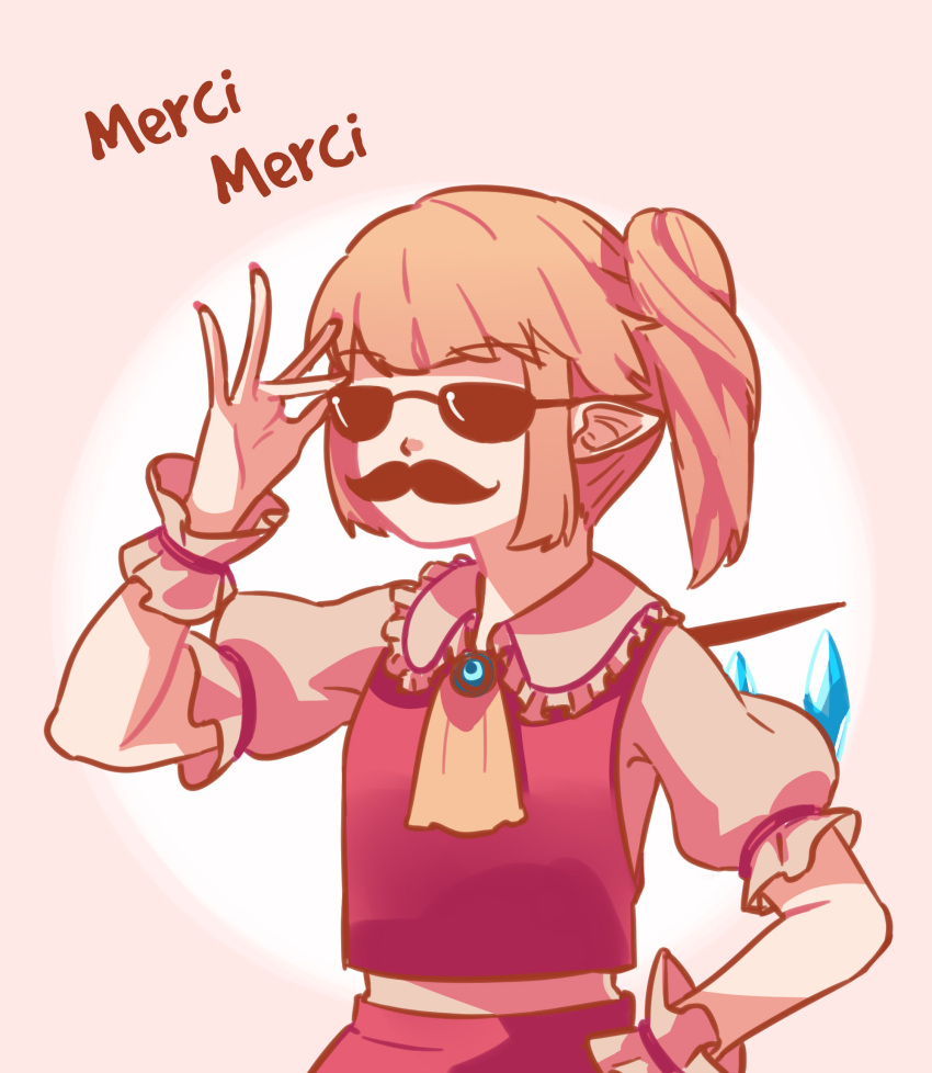 1girl ascot bangs blonde_hair brooch collar eyebrows_visible_through_hair facial_hair fake_facial_hair fake_mustache flandre_scarlet french frilled_collar frilled_sleeves frills gradient gradient_background highres jewelry mustache pointy_ears red_vest shirt short_hair short_ponytail side_ponytail solo standing sunglasses touhou upper_body vest white_shirt wings wrist_cuffs yoruny