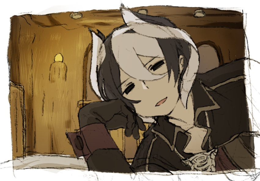 1girl black_cape black_eyes black_gloves black_hair cape commentary_request gloves hair_between_eyes head_rest indoors leaning_to_the_side long_sleeves looking_at_viewer made_in_abyss mi_(pic52pic) ozen parted_lips short_hair smile solo whistle white_hair