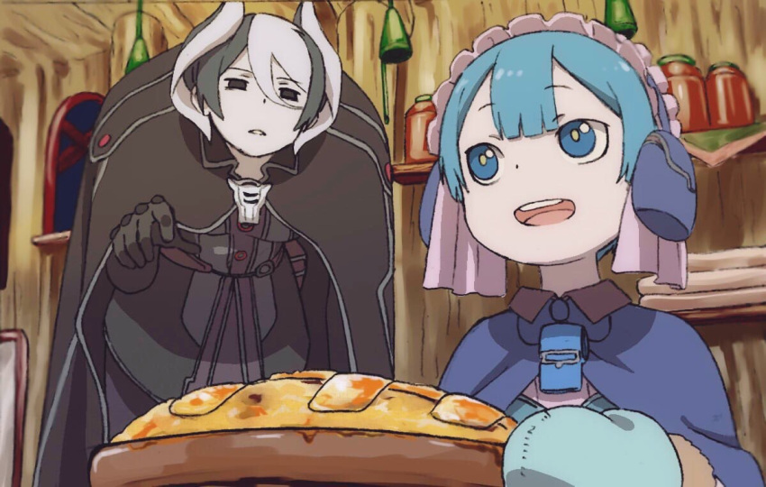 1boy 1girl :d black_cape black_eyes black_gloves black_hair blue_eyes blue_hair bright_pupils cape capelet child commentary_request eyebrows_visible_through_hair food gloves hunchback indoors jacket jitome leaning_forward long_sleeves looking_at_another made_in_abyss maid maid_headdress maruruk mi_(pic52pic) mittens multicolored_hair open_mouth ozen parted_lips shelf short_hair smile standing trap two-tone_hair whistle white_hair window