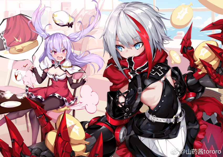 &gt;:o 2girls admiral_graf_spee_(azur_lane) ajax_(azur_lane) artist_name azur_lane black_gloves black_legwear blue_eyes breasts capelet claw_(weapon) cleavage dress elbow_gloves eyebrows_visible_through_hair fingerless_gloves gloves indoors long_hair looking_back medium_breasts multicolored_hair multiple_girls o-ring pantyhose pink_eyes purple_hair shanyao_jiang_tororo short_hair silver_hair small_breasts smile streaked_hair weapon weibo_username whoopee_cushion