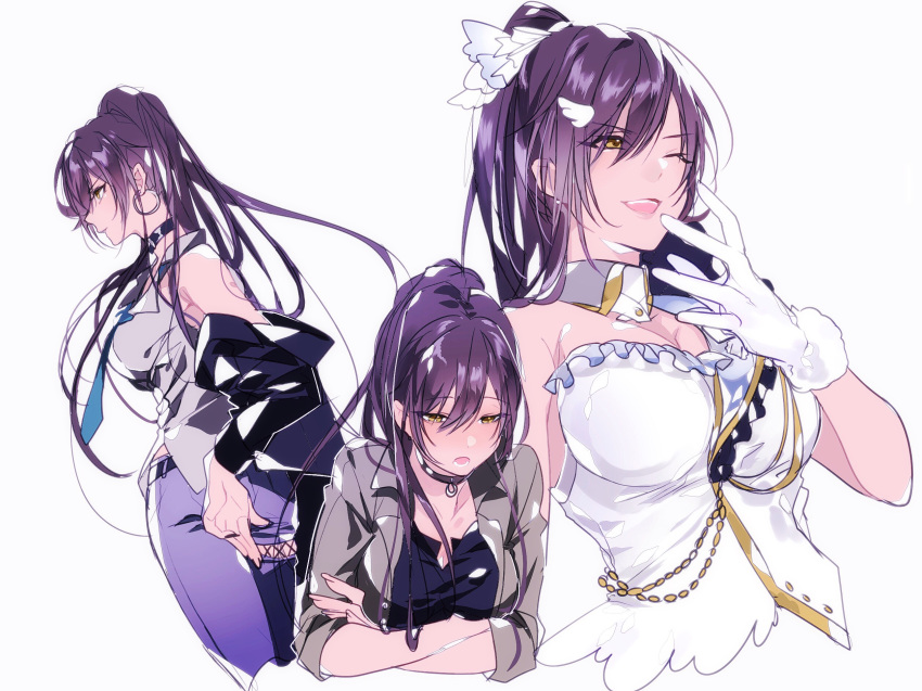 1girl :d bangs black_hair black_jacket bow breasts brown_jacket choker cleavage collar collarbone crossed_arms detached_collar dress earrings eyebrows_visible_through_hair from_side gloves hair_bow highres hoop_earrings idol idolmaster idolmaster_shiny_colors jacket jewelry kaa large_breasts long_hair music necktie one_eye_closed open_mouth pants ponytail purple_pants shirase_sakuya shirt singing sleeveless sleeveless_dress sleeveless_shirt smile solo strapless strapless_dress white_gloves yellow_eyes