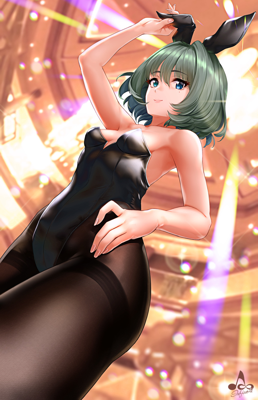 1girl absurdres animal_ears arm_up armpits bangs bare_shoulders black_legwear black_leotard blue_eyes blush breasts brown_hair bunnysuit closed_mouth eyebrows_visible_through_hair from_below green_eyes hair_between_eyes heterochromia highres idolmaster idolmaster_cinderella_girls indoors infinote leotard lips looking_at_viewer mole mole_under_eye pantyhose rabbit_ears short_hair signature small_breasts smile solo strapless strapless_leotard takagaki_kaede thighband_pantyhose