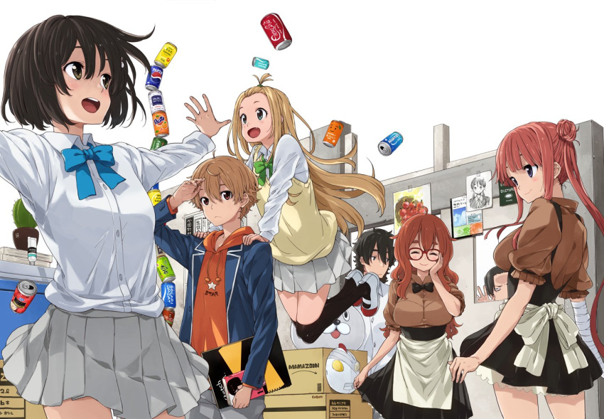 3boys 4girls :d against_wall apron back_bow black_hair black_legwear black_skirt blonde_hair blue_eyes blue_jacket blue_neckwear blush book bow bowtie breasts brown_eyes brown_hair buchou_(kono_bijutsubu_niwa_mondai_ga_aru!) cactus can closed_eyes coca-cola colette_(kono_bijutsubu_niwa_mondai_ga_aru!) collared_shirt double_bun facing_viewer fang forehead green_eyes green_neckwear grey_skirt hand_on_own_cheek high-waist_skirt hood hood_down hoodie imari_maria imigimuru indoors jacket jumping kneehighs kono_bijutsubu_niwa_mondai_ga_aru! large_breasts long_sleeves looking_at_another medium_breasts multiple_boys multiple_girls official_art open_clothes open_jacket open_mouth plant pleated_skirt potted_plant red-framed_eyewear redhead school_uniform second_year_boy_(kono_bijutsubu_niwa_mondai_ga_aru!) shirt shoes short_hair skirt smile standing suspender_skirt suspenders tachibana_yumeko topknot twintails uchimaki_subaru usami_mizuki waist_apron white_shirt wing_collar