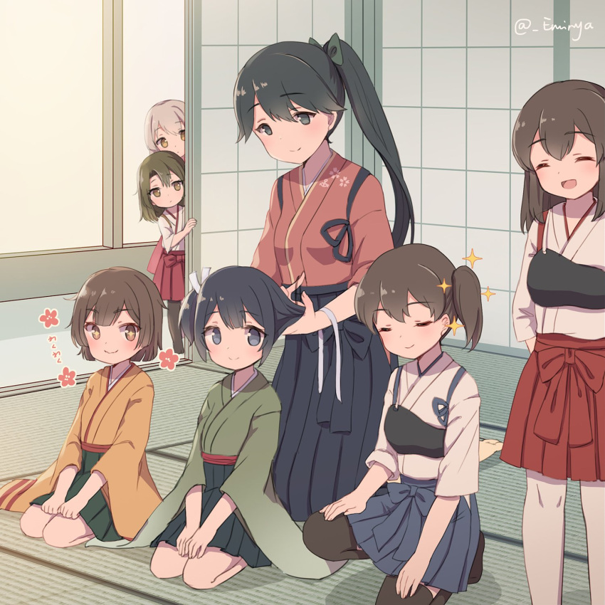 +_+ 6+girls ^_^ ^o^ akagi_(kantai_collection) black_eyes black_hair black_hakama black_legwear blue_eyes blue_hair blue_hakama brown_eyes brown_hair closed_eyes emia_wang eyebrows_visible_through_hair green_eyes green_hair green_hakama green_kimono hair_between_eyes hakama hakama_skirt highres hiryuu_(kantai_collection) houshou_(kantai_collection) japanese_clothes kaga_(kantai_collection) kantai_collection kimono long_hair multiple_girls open_mouth pink_kimono ponytail red_hakama seiza short_hair shoukaku_(kantai_collection) side_ponytail sitting smile souryuu_(kantai_collection) tasuki tatami thigh-highs twitter_username white_hair white_legwear wide_sleeves yellow_eyes yellow_kimono zuikaku_(kantai_collection)