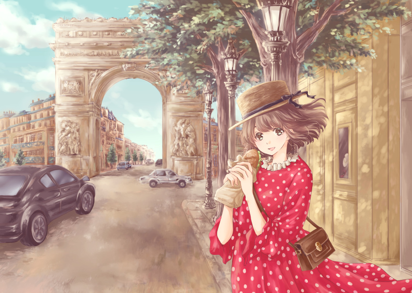 1girl :d arc_de_triomphe bag brown_eyes brown_hair car city cowboy_shot dappled_sunlight day dress food ground_vehicle handbag hat highres hoshiibara_mato lamppost long_sleeves looking_at_viewer motor_vehicle open_mouth original outdoors polka_dot polka_dot_dress red_dress road sandwich short_hair sidewalk smile solo standing straw_hat sunlight tree wind