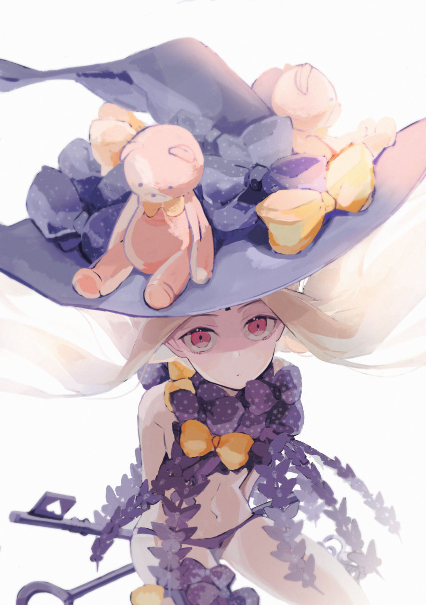 1girl abigail_williams_(fate/grand_order) arms_behind_back black_bow black_hat blonde_hair bow fate/grand_order fate_(series) hat hat_bow highres key long_hair looking_at_viewer orange_bow oversized_object red_eyes simple_background single_thighhigh sitting skull_print solo star star_print stuffed_animal stuffed_toy teddy_bear thigh-highs very_long_hair white_background witch_hat