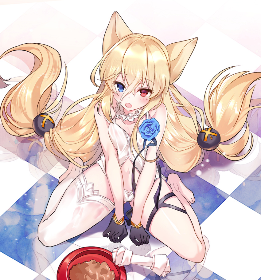 1girl animal_ears bangs bare_shoulders black_gloves blonde_hair blue_eyes blue_flower blue_rose blush bowl breasts checkered checkered_floor choker dog_food dress eyebrows_visible_through_hair fang flower frilled_choker frills from_above g41_(girls_frontline) girls_frontline gloves hair_between_eyes hair_ornament hair_over_shoulder heterochromia highres long_hair looking_at_viewer maett navel no_shoes open_clothes open_dress open_mouth panties pet_bowl red_eyes reflection rose short_dress sidelocks single_thighhigh sitting skindentation small_breasts smile solo stomach thigh-highs thigh_strap thighs twintails underwear very_long_hair white_dress white_panties yokozuwari