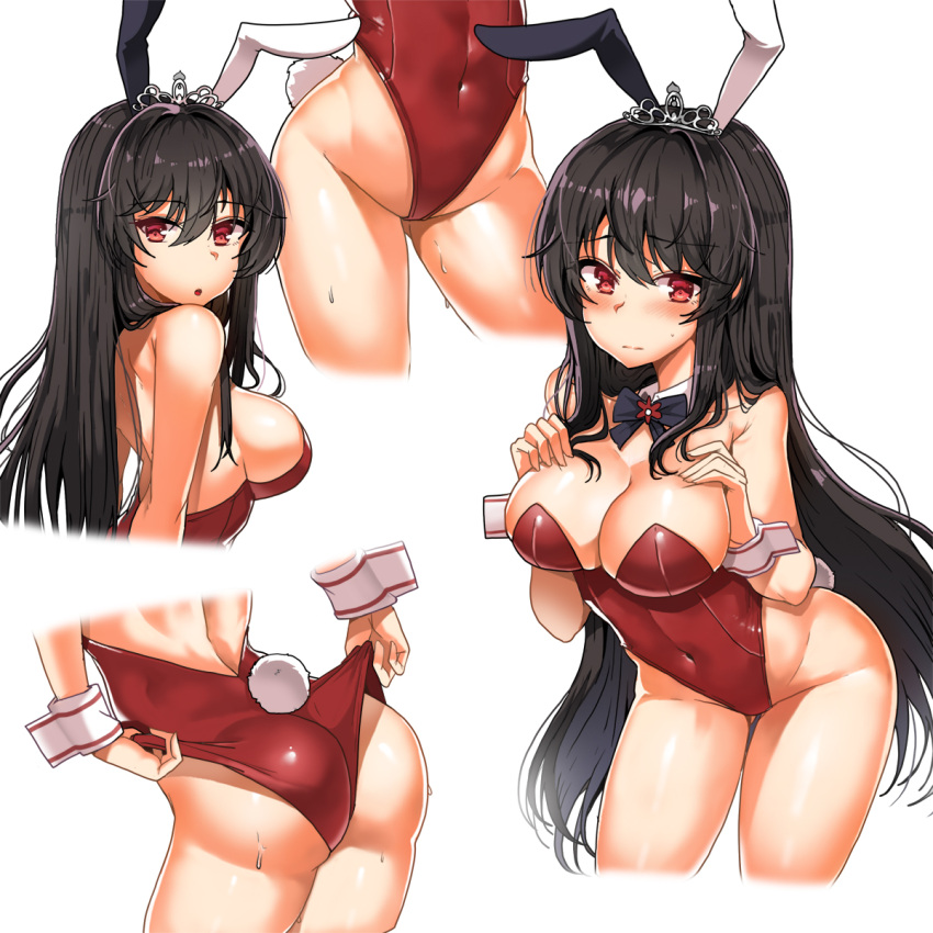 1girl adjusting_clothes adjusting_leotard animal_ears ass black_hair black_neckwear bow bowtie breasts bunny_girl bunny_tail bunnysuit covered_navel cowboy_shot detached_collar highres iris_yuma leotard lhu_(barappra1) long_hair medium_breasts multiple_views rabbit_ears red_eyes red_leotard simple_background soul_worker strapless strapless_leotard sweat tail tiara white_background wrist_cuffs