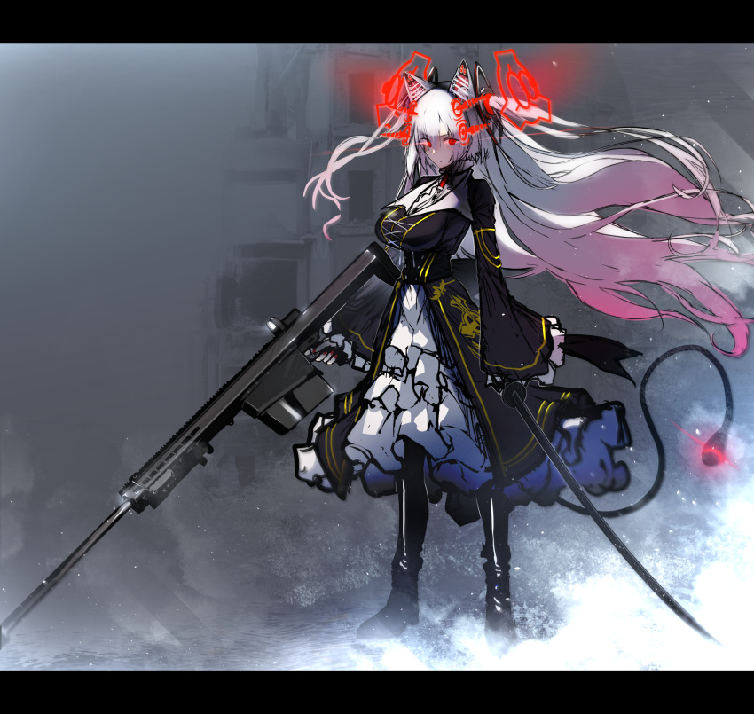 1girl al_bhed_eyes animal_ears bangs black_dress black_footwear black_legwear boots cat_ears closed_mouth commentary_request dress eyebrows_visible_through_hair floating_hair gradient_hair gun hair_between_eyes highres holding holding_gun holding_sword holding_weapon katana light_frown long_hair long_sleeves looking_at_viewer multicolored_hair nishiide_kengorou nora_cat nora_cat_channel pink_hair red_eyes rifle silver_hair sketch sniper_rifle solo standing sword tail thigh-highs thigh_boots very_long_hair virtual_youtuber weapon weapon_request wide_sleeves