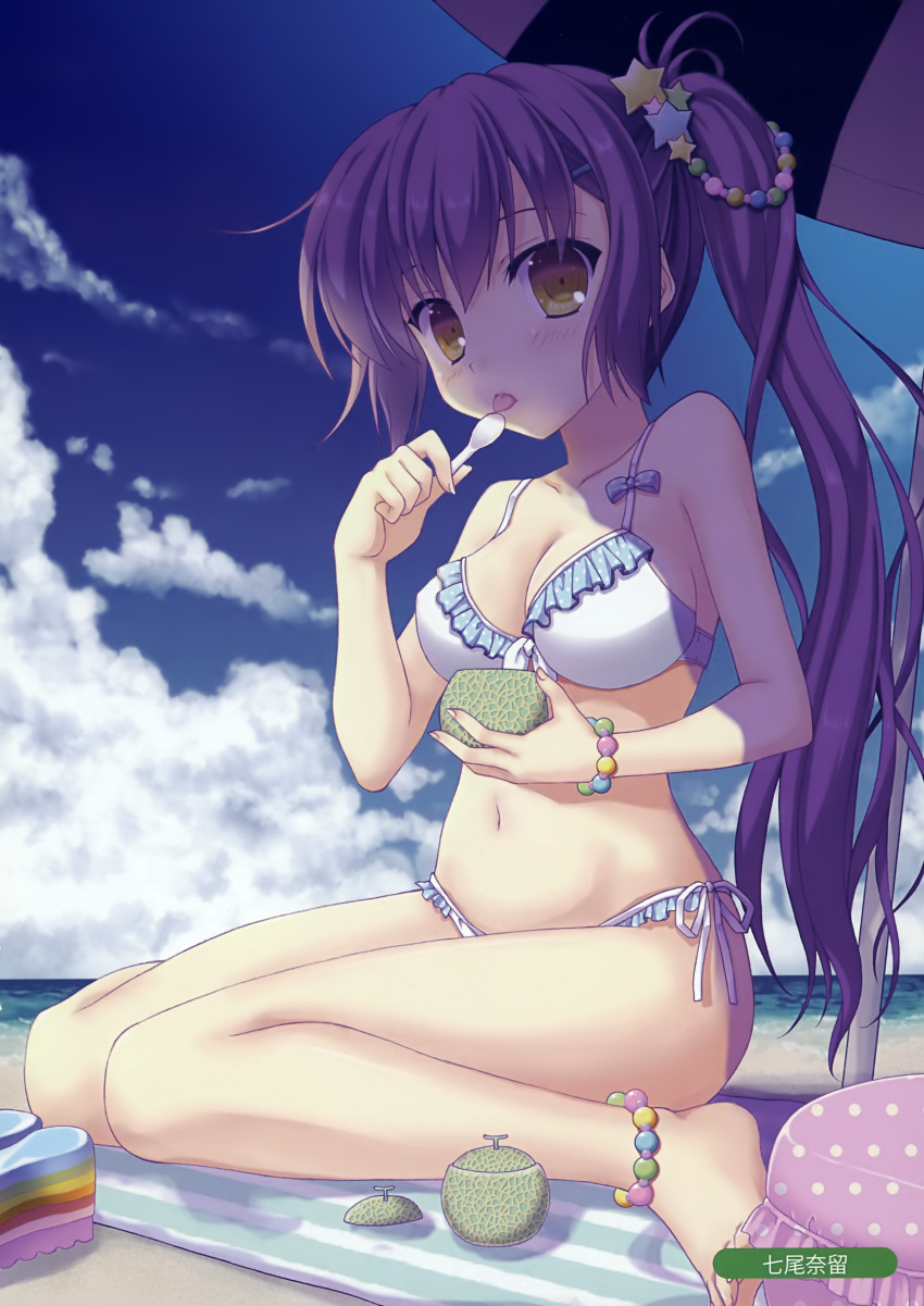 1girl absurdres anklet artist_name bangs bare_arms bare_shoulders barefoot beach_umbrella bikini blue_bow blue_sky blush bow breasts brown_eyes cleavage clouds collarbone day eyebrows_visible_through_hair fingernails fruit_cup hair_between_eyes hair_ornament hairclip highres holding holding_spoon jewelry long_hair medium_breasts nanao_naru original outdoors polka_dot polka_dot_bow purple_hair scan side-tie_bikini side_ponytail sidelocks sitting sky solo spoon star star_hair_ornament swimsuit toenails tongue tongue_out umbrella very_long_hair wariza white_bikini