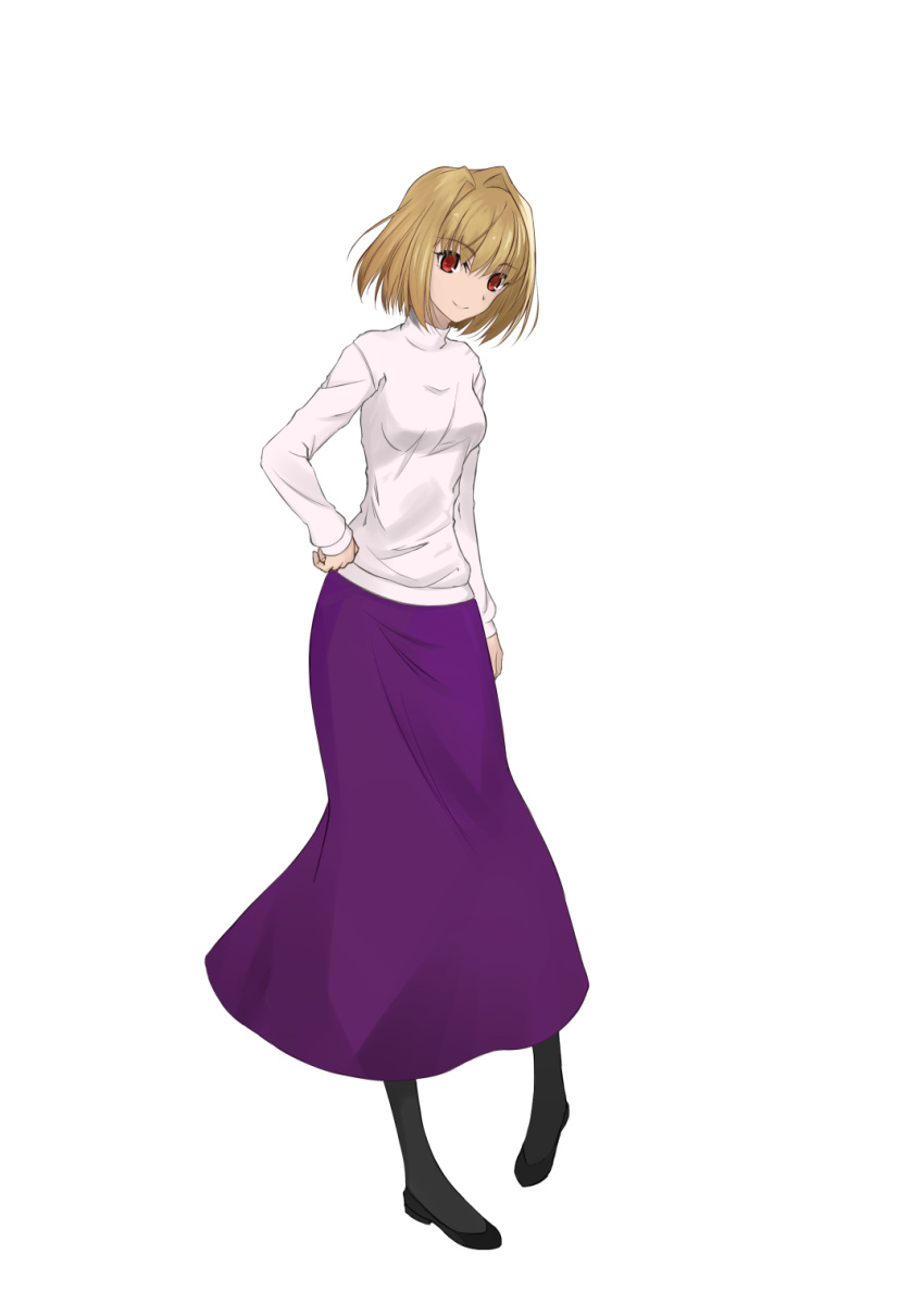 1girl arcueid_brunestud blonde_hair breasts contrapposto hair_intakes hand_on_hip highres kore_(kore) long_legs long_skirt pantyhose pigeon-toed purple_skirt red_eyes short_hair simple_background skirt smile solo standing standing_on_one_leg sweater tsukihime