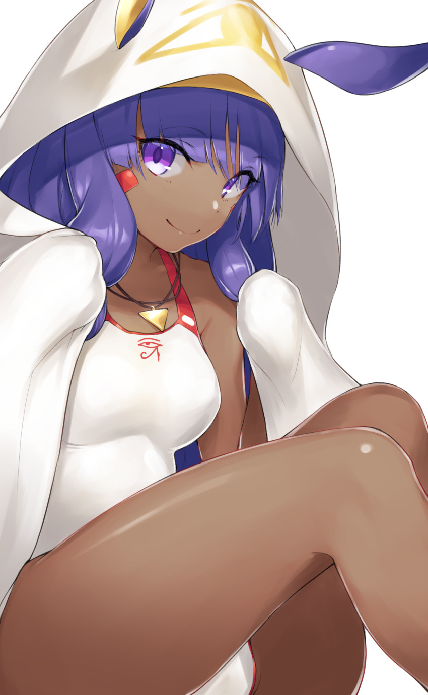 1girl animal_ears breasts dabuki dark_skin facial_mark fate/grand_order fate_(series) highres looking_at_viewer medium_breasts necktie nitocris_(swimsuit_assassin)_(fate) one-piece_swimsuit purple_hair rabbit_ears smile solo swimsuit thighs violet_eyes white_background