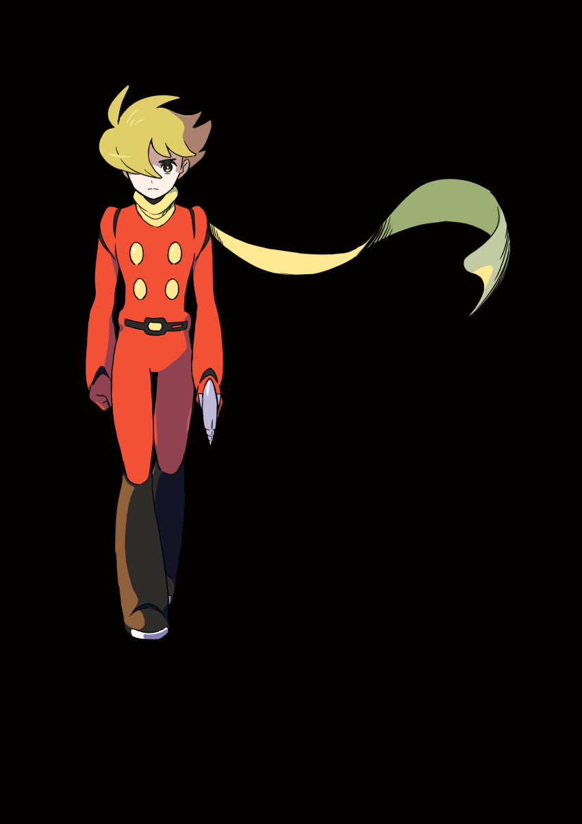 1boy absurdres ahoge black_background blonde_hair boots brown_footwear closed_mouth cyborg_009 energy_gun full_body highres male_focus oomura_yuusuke ray_gun scarf serious shimamura_joe simple_background solo walking weapon yellow_eyes yellow_neckwear