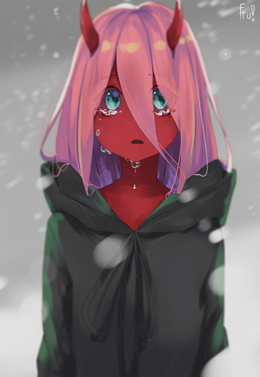1girl absurdres aqua_eyes crying crying_with_eyes_open darling_in_the_franxx hair_between_eyes highres horns looking_at_viewer open_mouth pink_hair red_skin sad snow snowing solo spoilers tears zero_two_(darling_in_the_franxx)