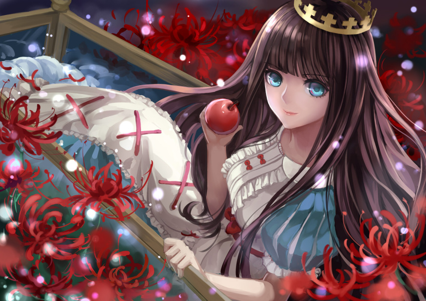 1girl apple bangs black_hair blue_eyes blunt_bangs coffin crown dress flower food fruit long_dress long_hair looking_at_viewer marchen monogo red_flower red_lips schneewittchen smile solo sound_horizon spider_lily