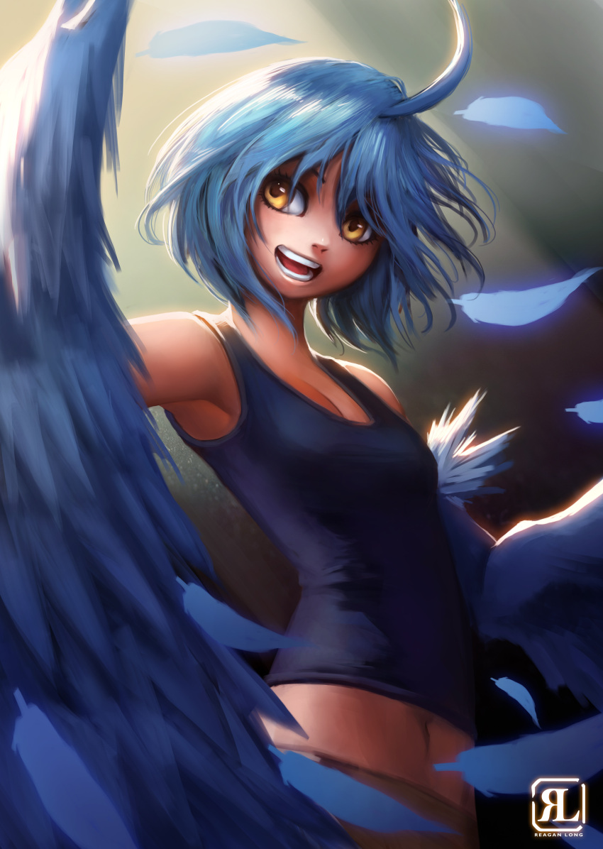 1girl absurdres ahoge blue_hair blue_wings breasts commentary cowboy_shot feathered_wings feathers harpy highres looking_to_the_side monster_girl monster_musume_no_iru_nichijou navel open_mouth papi_(monster_musume) reagan_long short_hair small_breasts solo tank_top winged_arms wings yellow_eyes