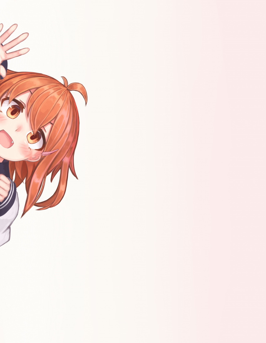 &gt;:d 1girl antenna_hair around_corner blush commentary_request fang hair_ornament hairclip highres ikazuchi_(kantai_collection) kantai_collection long_sleeves looking_at_viewer orange_eyes orange_hair peeking_out reitou_mikan solo