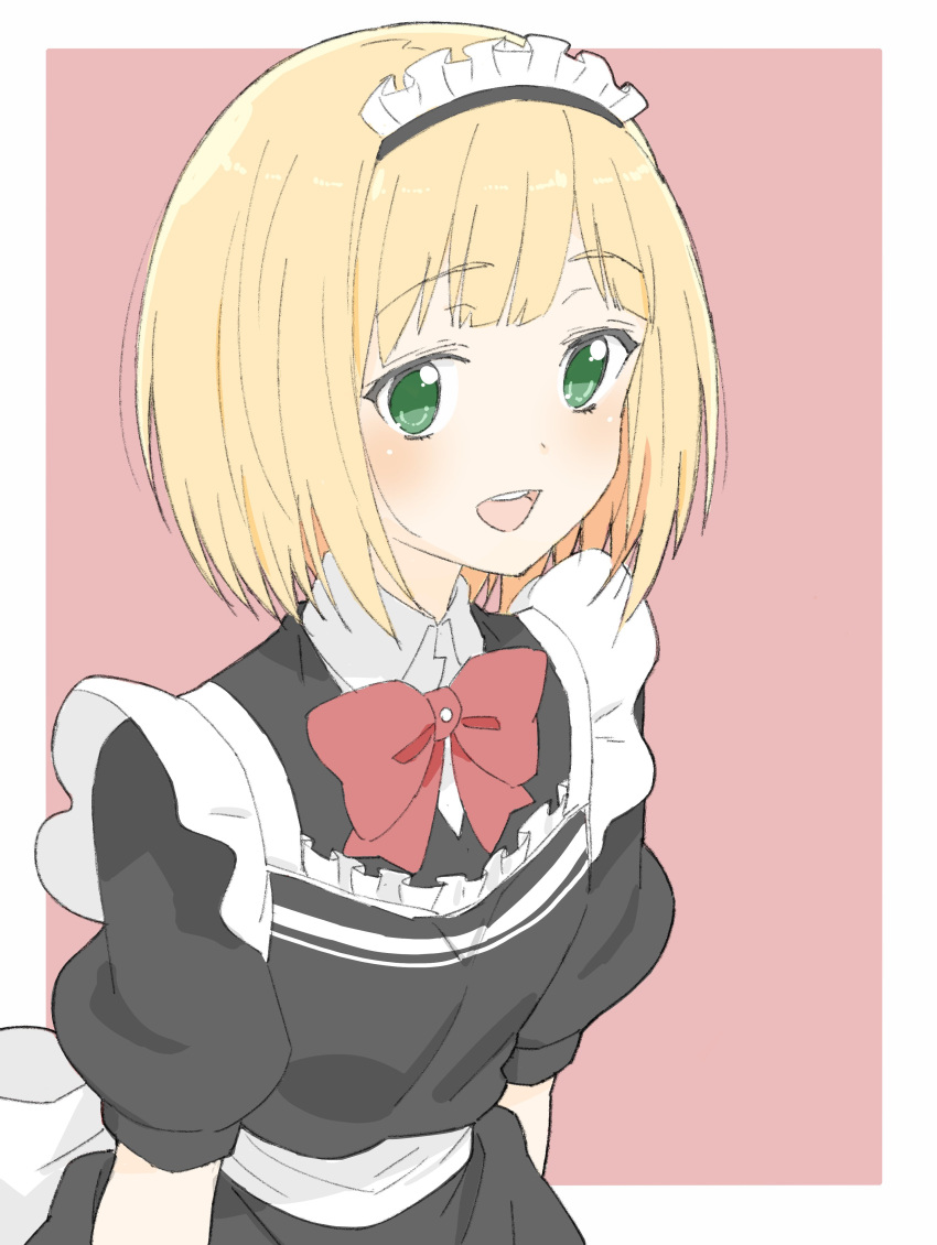 1girl :d absurdres black_dress blonde_hair blush bow bowtie collared_shirt donguri_suzume dress eyebrows_visible_through_hair green_eyes highres looking_at_viewer maid maid_headdress open_mouth original pink_background puffy_short_sleeves puffy_sleeves red_neckwear sash shirt short_hair short_sleeves simple_background smile solo upper_body wing_collar