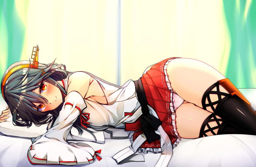 1girl bare_shoulders black_hair boots detached_sleeves frilled_skirt frills hair_ornament hairband hairclip haruna_(kantai_collection) headgear highres japanese_clothes kantai_collection long_hair looking_at_viewer lying nontraditional_miko on_bed on_side panties pantyshot pantyshot_(lying) pillow pillow_hug pink_panties pleated_skirt red_skirt remodel_(kantai_collection) ribbon-trimmed_sleeves ribbon_trim skirt smile solo thigh-highs thigh_boots tsukui_kachou underwear wide_sleeves yellow_eyes