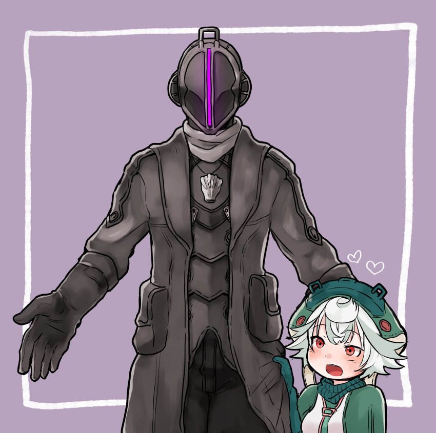 1boy 1girl :d absurdres black_coat black_pants blush bondrewd eyebrows_visible_through_hair gloves green_gloves green_hat hat heart helmet highres jacket long_sleeves looking_at_another made_in_abyss open_mouth pants prushka purple_background red_eyes short_hair smile standing usuki_(usukine1go) whistle white_hair