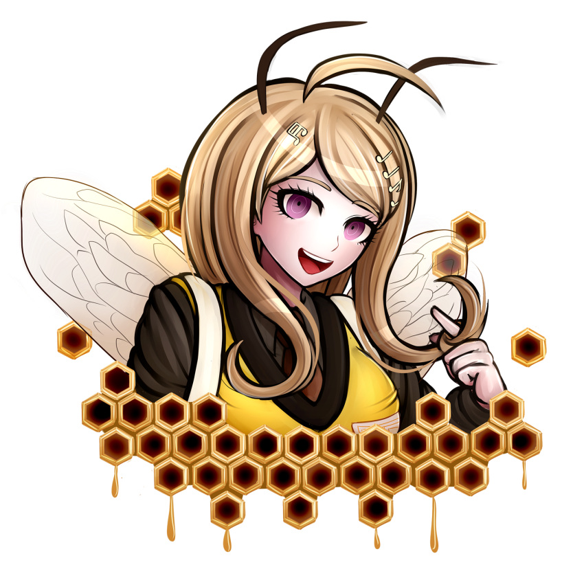 1girl ahoge akamatsu_kaede animal_costume antennae blonde_hair dangan_ronpa highres honeycomb_(pattern) kurokku-tokei musical_note_hair_ornament new_dangan_ronpa_v3 open_mouth smile upper_body violet_eyes