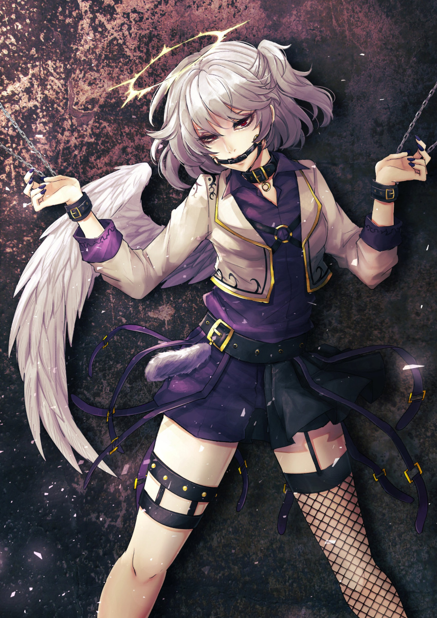 1girl absurdres belt chains collared_shirt commentary_request cropped_jacket cuffs eyelashes feathered_wings fingernails fishnets gagged garter_straps half-closed_eyes half_updo halo hands_up head_tilt highres kishin_sagume kyogoku-uru legs_apart long_sleeves looking_at_viewer miniskirt nail_polish o-ring purple_nails purple_shirt purple_shorts red_eyes shirt shorts silver_hair single_thighhigh single_wing skirt solo standing thigh-highs touhou white_wings wing_collar wings