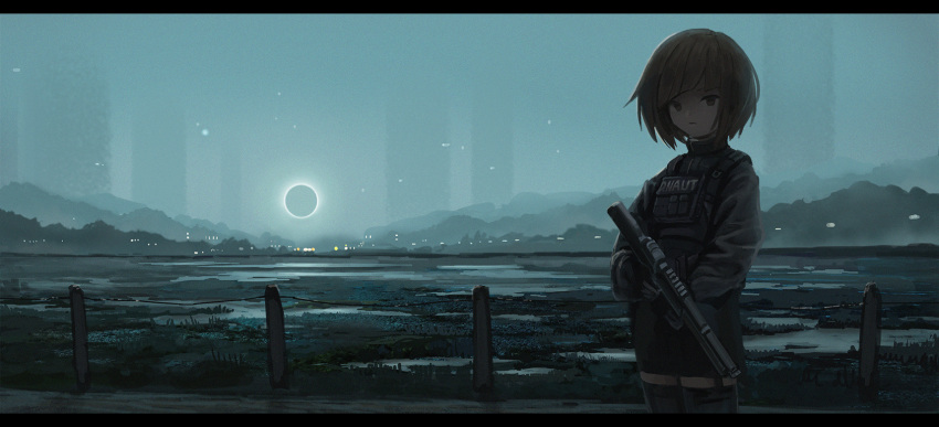 .kitsuna 1girl assault_rifle aurora bangs black_gloves black_legwear black_skirt blue_sky blunt_bangs brown_eyes brown_hair city_lights closed_mouth commentary_request cowboy_shot diagonal_bangs eclipse field garter_straps gloves gun highres holding holding_weapon long_sleeves looking_at_viewer military night original outdoors rifle scenery skirt sky solo standing thigh-highs weapon