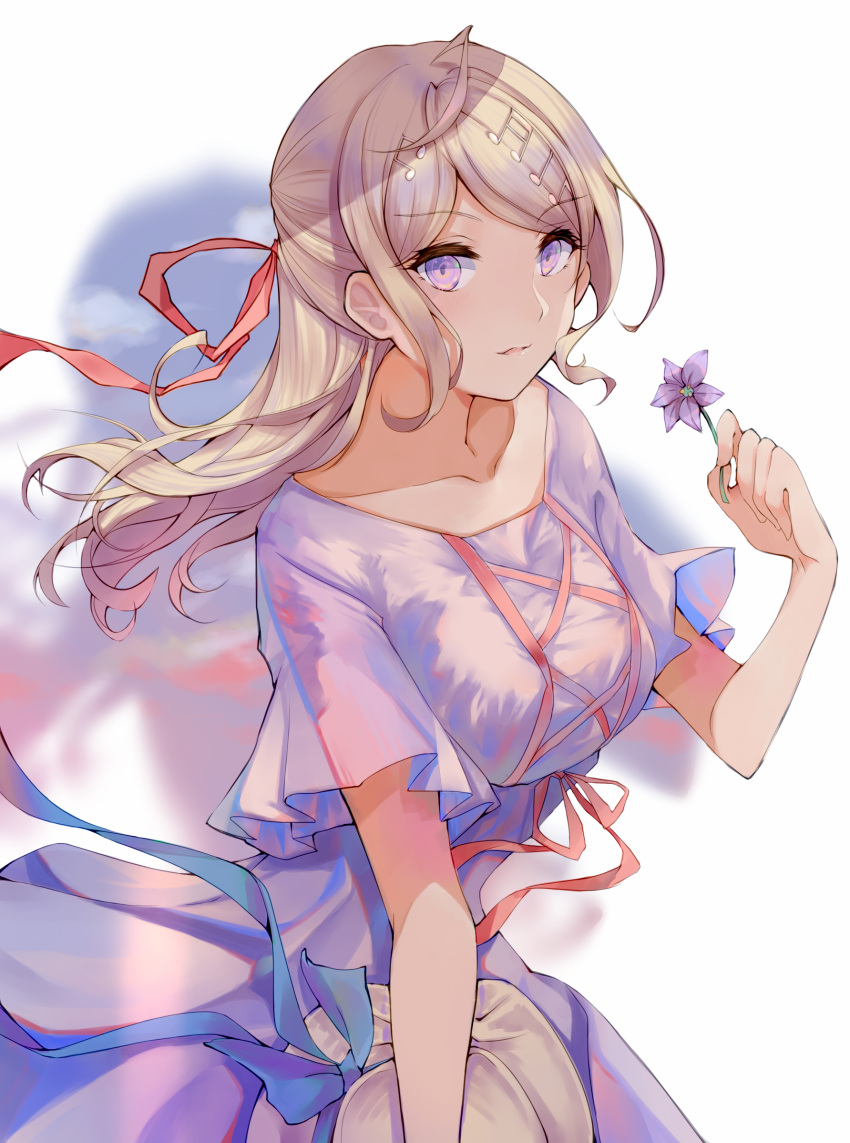 1girl akamatsu_kaede blonde_hair dangan_ronpa dress eyebrows_visible_through_hair flower hair_ribbon hat hat_removed headwear_removed highres holding holding_flower light_smile long_hair looking_at_viewer musical_note_hair_ornament new_dangan_ronpa_v3 ribbon sqbillfish violet_eyes