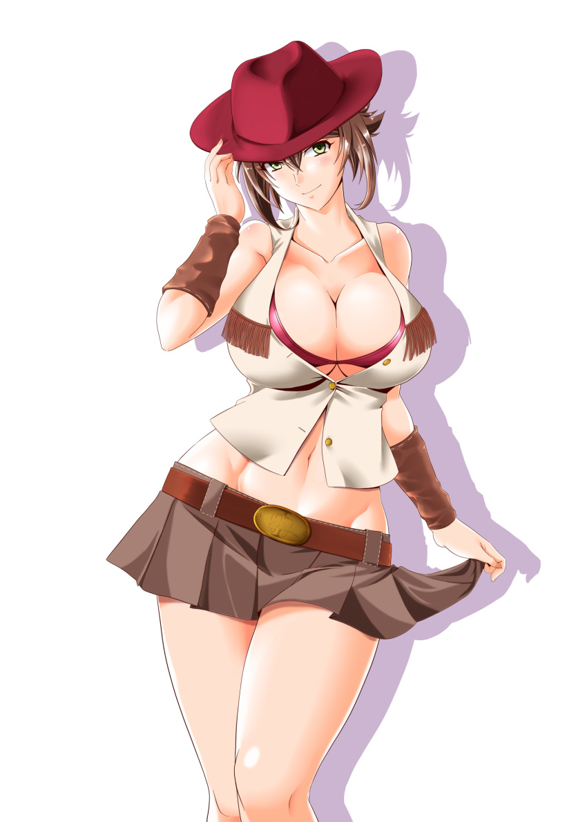 1girl abs alternate_costume arm_warmers belt_buckle bra breasts brown_belt brown_hair brown_skirt buckle cleavage closed_mouth collarbone cowboy_hat flipped_hair green_eyes groin hat highres kantai_collection kiriki_haruomi large_breasts looking_at_viewer midriff miniskirt mutsu_(kantai_collection) navel pink_bra pink_hat shadow shirt short_hair simple_background skirt smile solo underwear upper_body western white_background white_shirt
