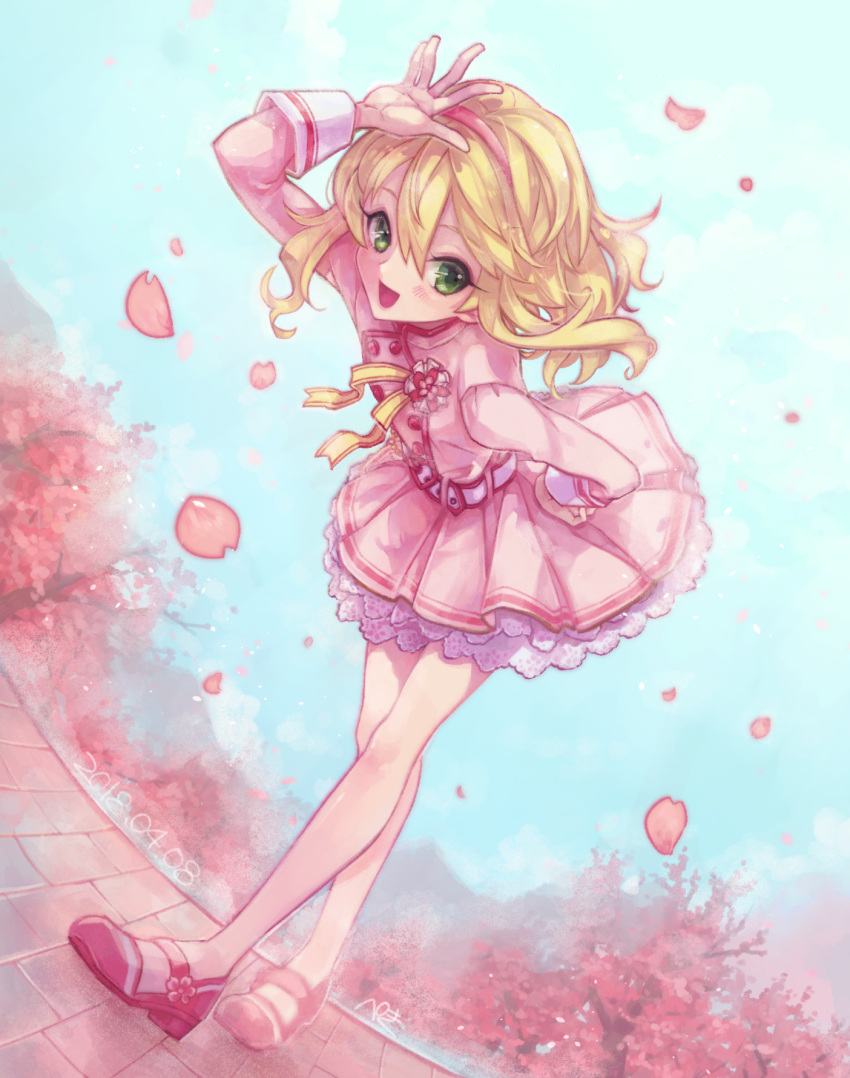 1girl belt blonde_hair blush cherry_blossoms commentary_request corsage dated dress flower flower_ornament full_body green_eyes hairband hand_on_hip highres idolmaster idolmaster_cinderella_girls kira!_mankai_smile leaning_forward long_sleeves looking_at_viewer mary_janes open_mouth pekio petals pink_dress pink_hairband ribbon sakurai_momoka shoes short_hair signature sky sleeve_cuffs smile solo waving wavy_hair