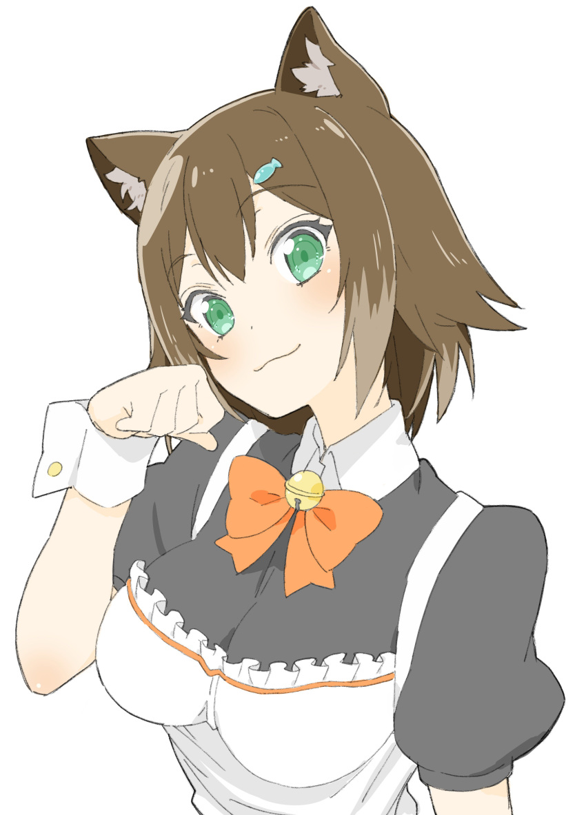 1girl :3 absurdres animal_ears apron bell bow bowtie brown_hair cat_ears collared_shirt donguri_suzume green_eyes hair_ornament hairclip head_tilt highres jingle_bell maid orange_neckwear original paw_pose puffy_short_sleeves puffy_sleeves shirt short_hair short_sleeves simple_background solo upper_body white_background wing_collar wrist_cuffs