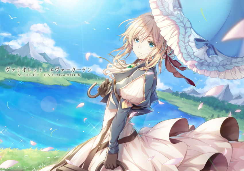 1girl bangs bird blonde_hair blue_eyes blue_jacket braid briefcase brooch clouds dress eyebrows_visible_through_hair from_side gloves grass hair_between_eyes hair_intakes hair_ribbon highres holding holding_briefcase holding_umbrella jacket jewelry lake long_sleeves looking_at_viewer mountainous_horizon outdoors parasol petals red_ribbon ribbon sky smile solo suitcase sunlight takase_kou turning_head umbrella violet_evergarden violet_evergarden_(character) wind