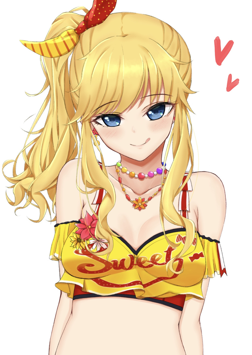 bare_shoulders blonde_hair blue_eyes blush breasts cleavage closed_mouth collarbone earrings eyebrows_visible_through_hair heart highres idolmaster idolmaster_cinderella_girls idolmaster_cinderella_girls_starlight_stage jewelry large_breasts long_hair looking_at_viewer necklace ootsuki_yui palu_39 side_ponytail smile tongue tongue_out upper_body