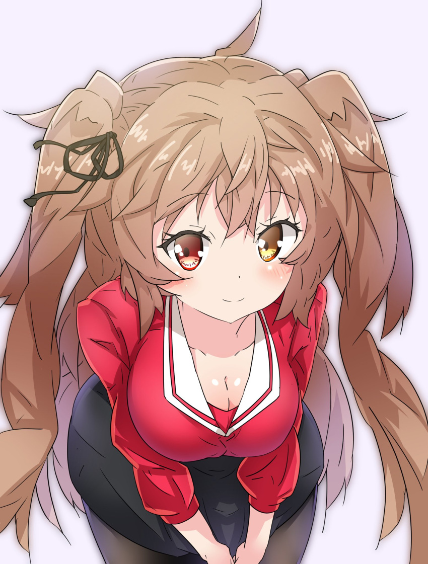 1girl ahoge alternate_costume big_hair black_legwear black_skirt breasts brown_eyes cleavage collarbone eyebrows_visible_through_hair hair_flaps hair_tie harukawa_(hal501) heterochromia highres kantai_collection large_breasts leaning_forward light_brown_hair murasame_(kantai_collection) red_eyes red_sweater remodel_(kantai_collection) sailor_collar simple_background skirt solo sweater two_side_up v_arms white_background
