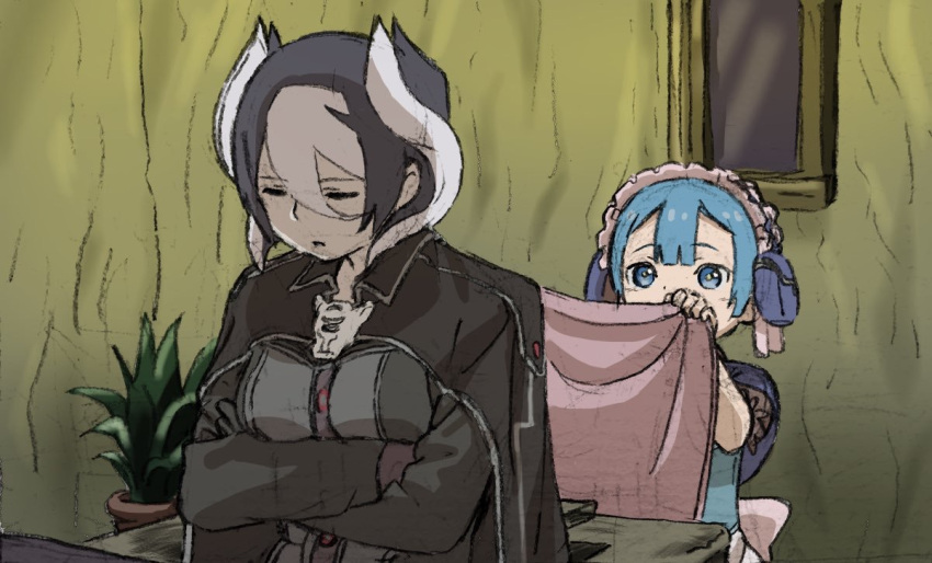 1boy 1girl bangs black_cape black_gloves black_hair black_jacket blanket blue_eyes blue_hair blunt_bangs cape capelet commentary_request covering_with_blanket crossed_arms eyebrows_visible_through_hair gloves hair_between_eyes jacket long_sleeves made_in_abyss maid maid_headdress maruruk mi_(pic52pic) multicolored_hair ozen parted_lips plant potted_plant short_hair sitting sleeping traditional_media trap two-tone_hair whistle white_hair