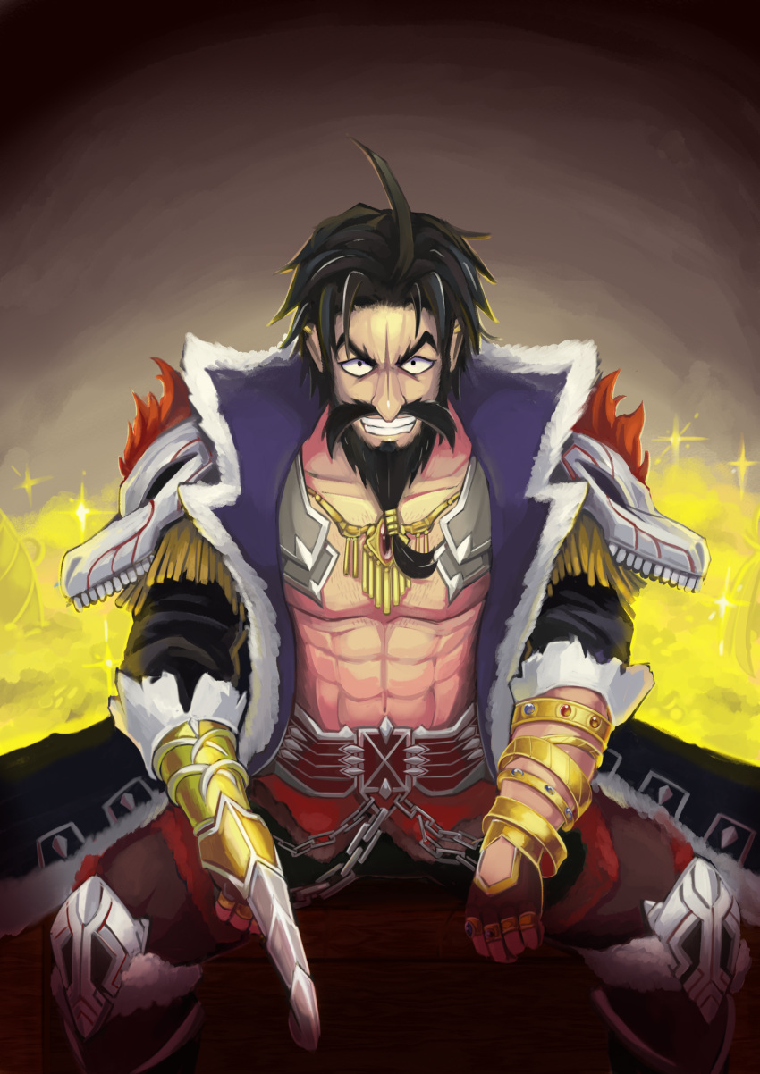 1boy absurdres ahoge beard black_hair edward_teach_(fate/grand_order) facial_hair fate/grand_order fate_(series) gold grin highres hook jewelry long_coat no_shirt nose_scar shoulder_pads smile tetuhebi treasure