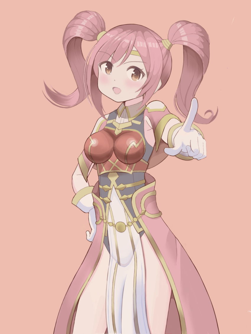 1girl blush breastplate brown_eyes circlet cute fire_emblem fire_emblem_echoes:_mou_hitori_no_eiyuuou fire_emblem_gaiden fire_emblem_heroes gloves highres intelligent_systems long_hair mae_(fire_emblem) mikoko1 moe nintendo open_mouth pink_background pink_hair simple_background solo super_smash_bros. twintails